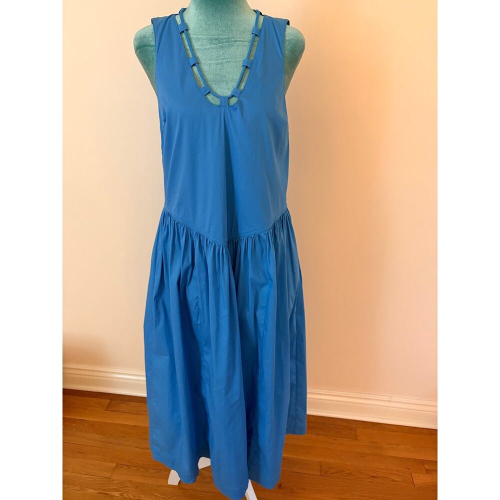 PINKO Azure Blue Drop Waist Midi Dress Coastal Resortwear Minimalist Chic Italy - Picture 2 of 9